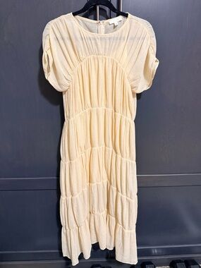 Women's Pale Yellow Tiered Short-Sleeve Midi Dress